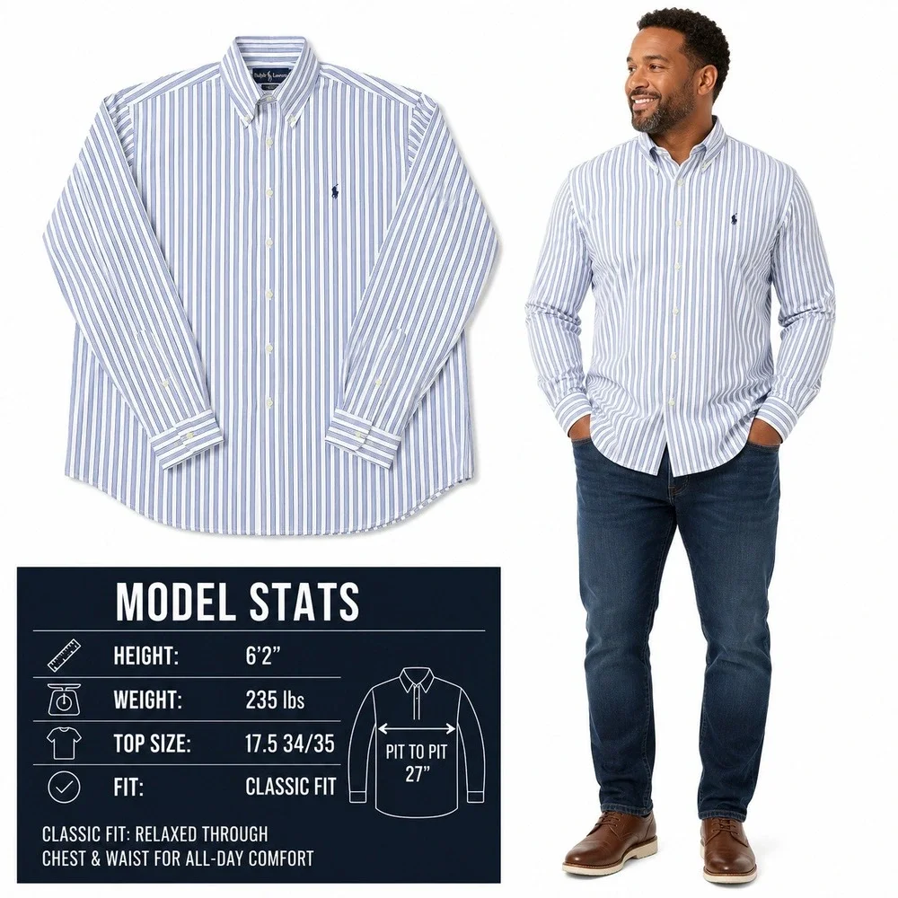 Ralph Lauren‎ Classic Fit Mens 17.5 34/35 Blue White Striped Button Down Shirt